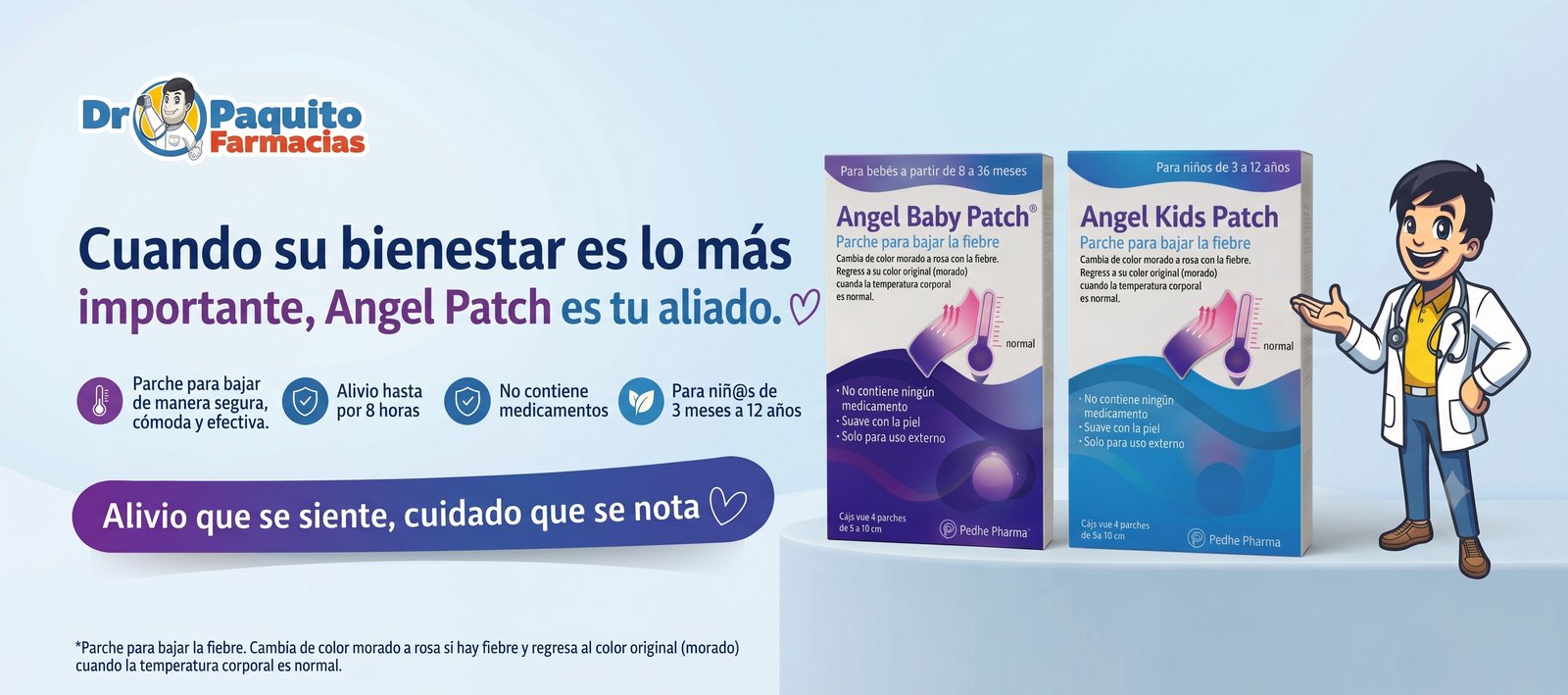 Angel Patch: parches para bajar fiebre de forma segura. Alivio hasta 8 horas, sin medicamentos, para niños de 3 meses a 12 años.